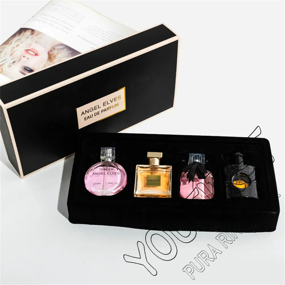 Coffret 4 parfums, 4 flacons dans plateau noir : rose tendre, ambre, rose, noir