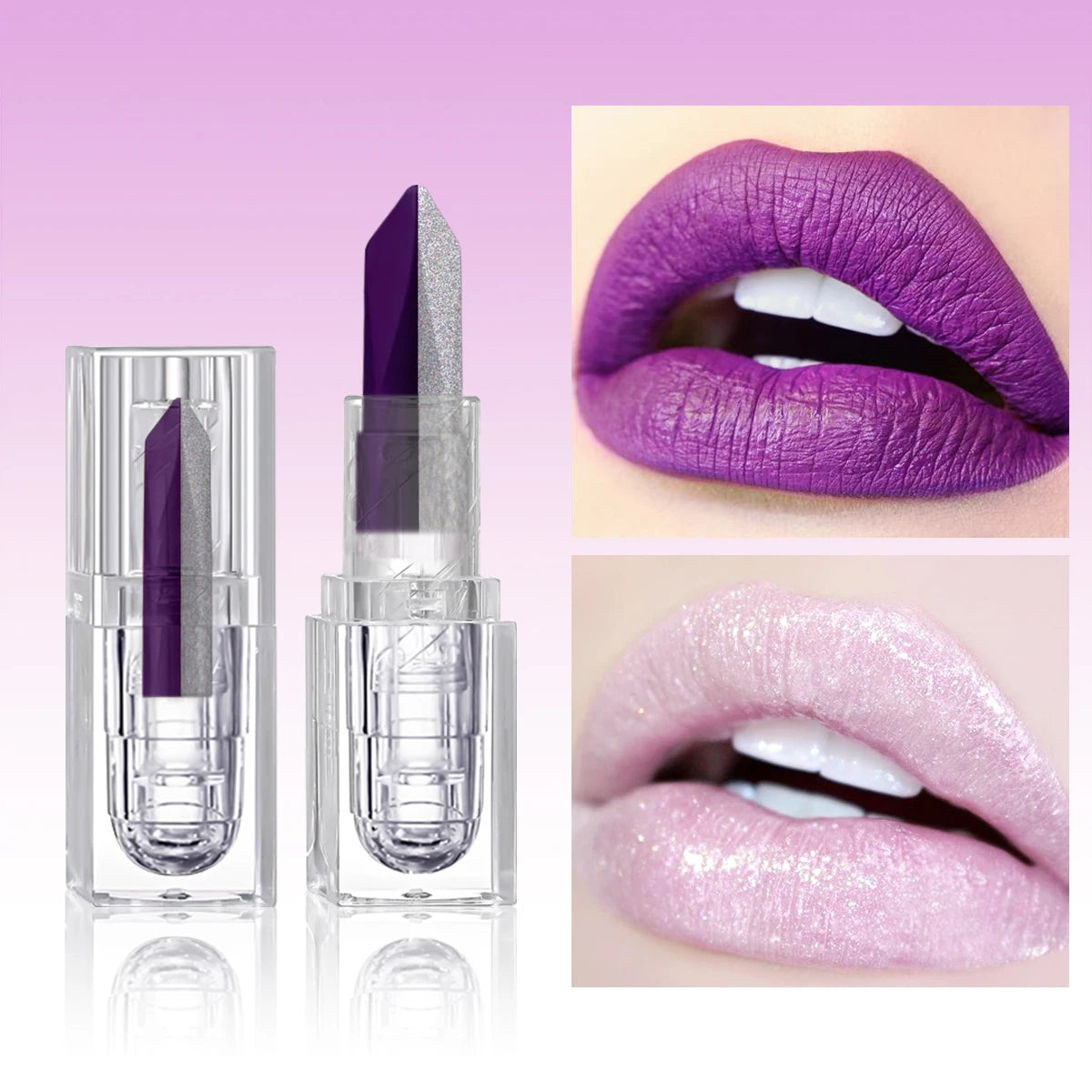Rouge à lèvres violet changeant avec bâton pailleté argent et lèvres violettes