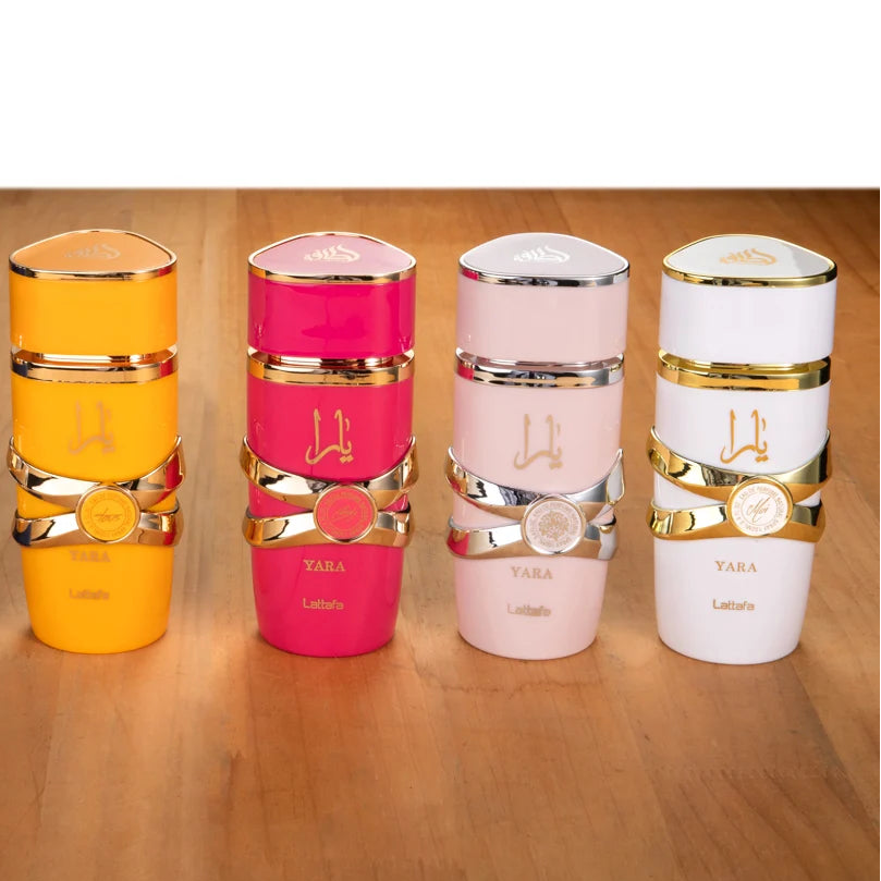 Parfum Yara, assortiment flacons Yara Jaune, Rose, Candy et Blanc
