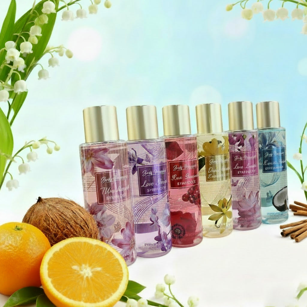 Coffret de brumes corps et cheveux, flacons spray translucides aux tons violet, rose et bleu