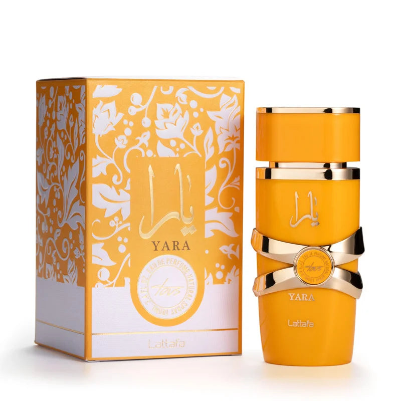 Parfum Yara Yara Jaune, flacon jaune moutarde avec bouchon doré et anneau noir