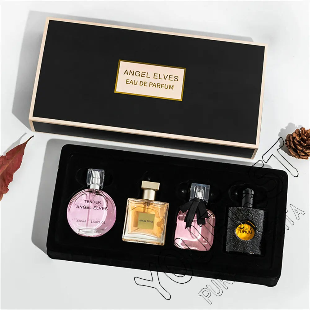 Coffret 4 parfums en boîte noire, 4 flacons (rose, doré, rose foncé, noir)