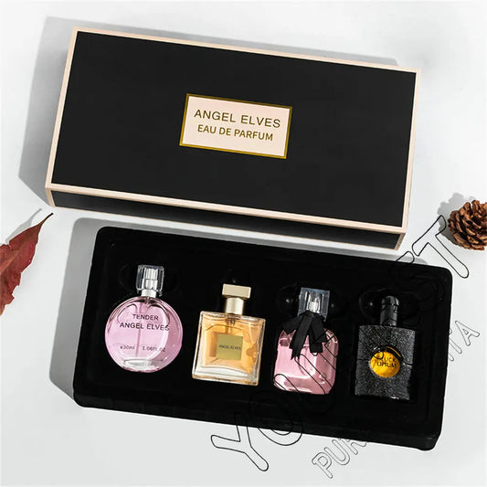 Coffret 4 parfums en boîte noire, 4 flacons (rose, doré, rose foncé, noir)